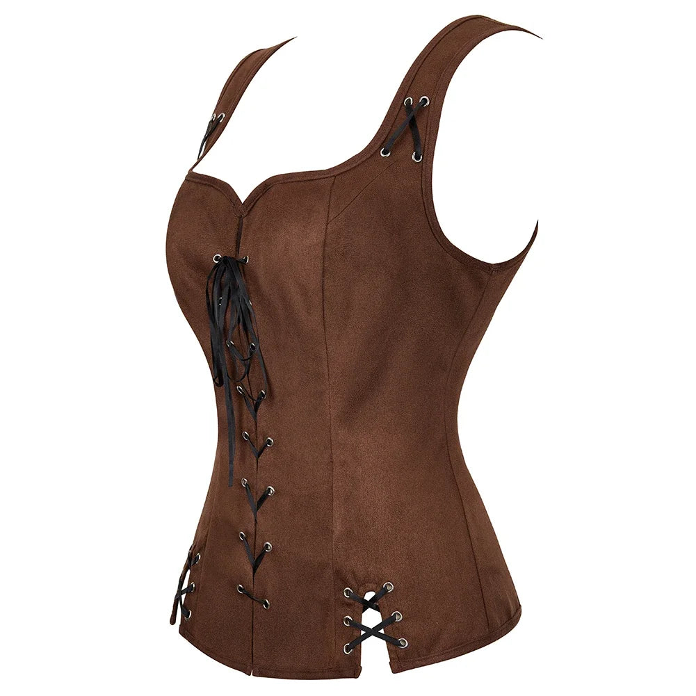 Women Pirate Costume Medieval Vest Cosplay Vintage Suede Corset Top Steampunk Renaissance Off Shoulder Blouse Brown Black Blue