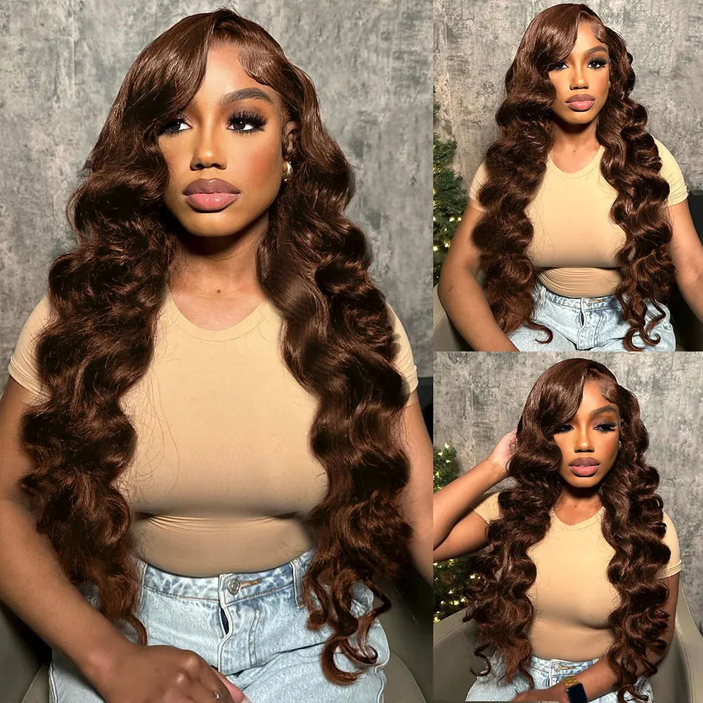 Deep Wave Chocolate Brown 13x4 Transparent Lace Frontal Wigs Human Hair 34 Inch  250% Density Loose Deep Curly Brown Colored Wig