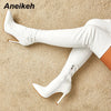 Aneikeh White Sexy Over-the-Knee Side Zipper Slip-On Pointed Toe Shoes