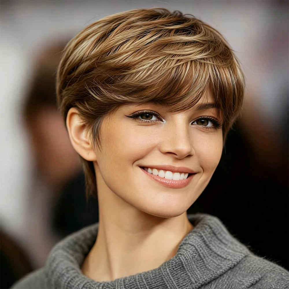Short Brown Mixed Golden Highlights Human Hair Full Machine-Made Pixie Cut Wig for Black Women