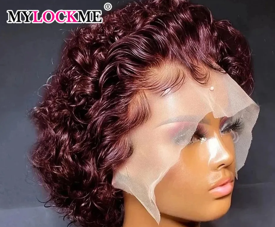 Short Human Hair Curly Wig, Transparent Lace, Pre-plucked