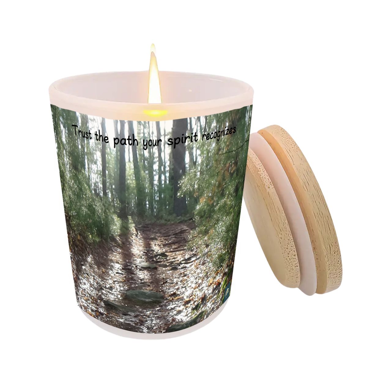 Six-ounce frosted glass scented soy wax candle with printed Amy Lee Photography artwork