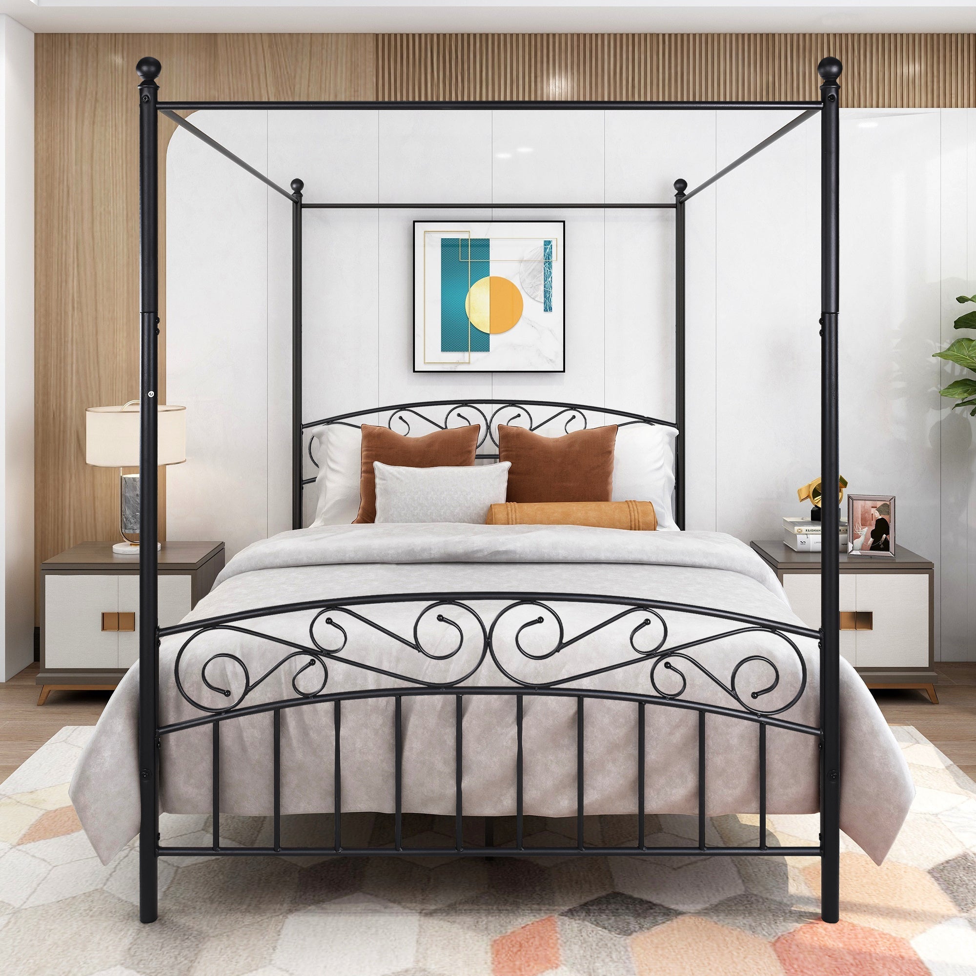 Metal Canopy Bed Frame with Ornate European Style Headboard by Blak Hom