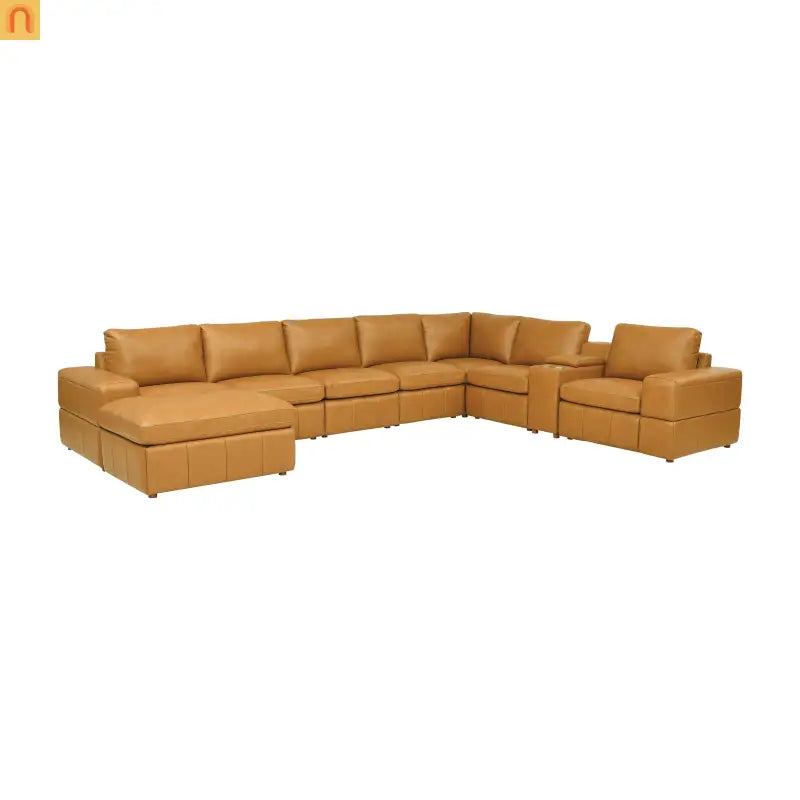 Sectional Modular Modern Ginger Leather 8 Seater Deep Cushions Square Arm