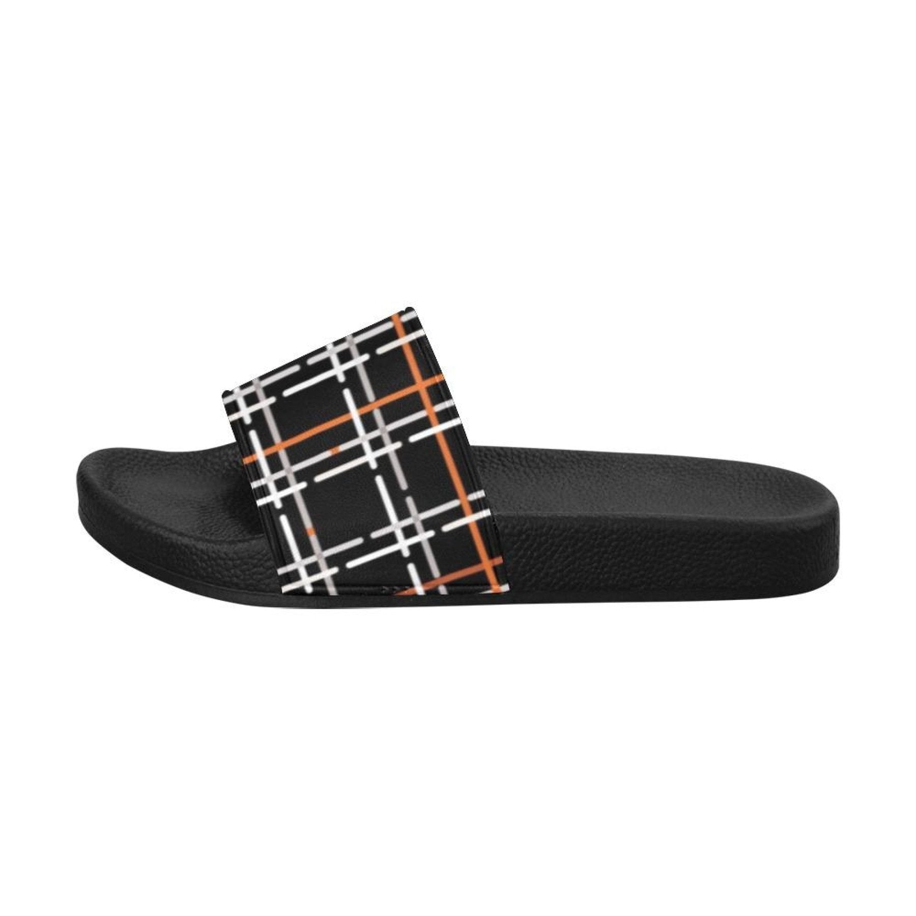 Womens Slides, Flip Flop Sandals, Black Orange And White Tartan Print by inQue.Style