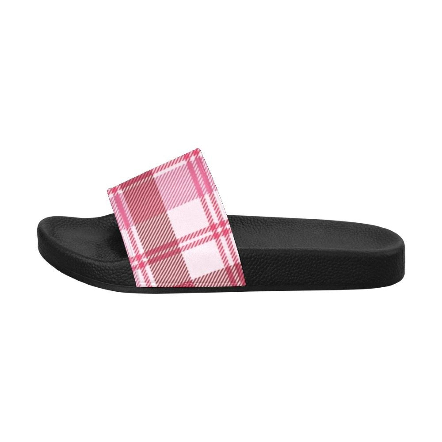 Womens Slides, Flip Flop Sandals, Pink And White Plaid Print by inQue.Style