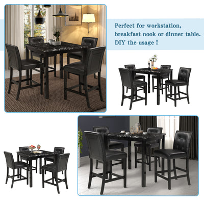 5-Piece Kitchen Table Set Marble Top Counter Height Dining Table Set with 4 Leather-Upholstered Chairs (Black)