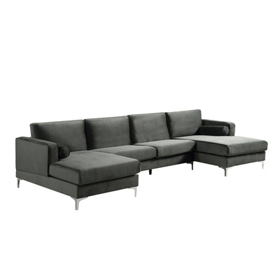 Sectional Sofa with Two Pillows, U-Shape Upholstered Black Velvet