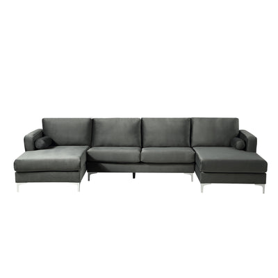 Sectional Sofa with Two Pillows, U-Shape Upholstered Black Velvet