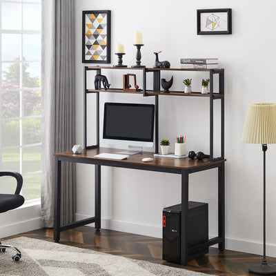 Home Office 52" Computer Desk with Hutch and Shelves, Black Metal Frame Brown Desk