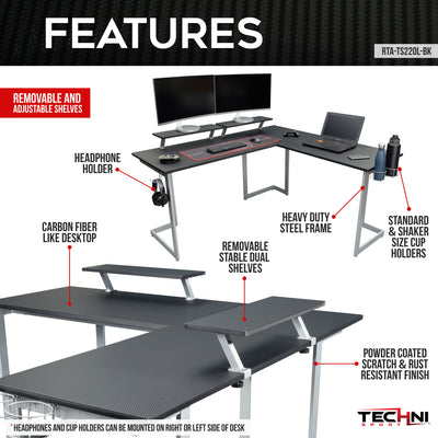Techni Sport Warrior L-Shaped Gaming Desk, Black