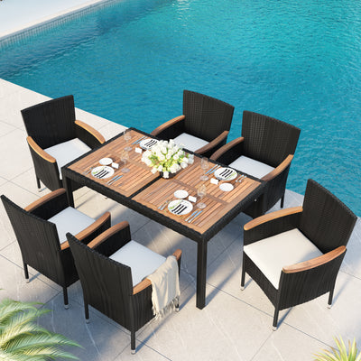 7-Piece Outdoor Patio Dining Set | PE Rattan Wicker Acacia Wood Tablet | Stackable Armrest Chairs with Cushions (Brown)