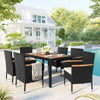 7-Piece Outdoor Patio Dining Set | PE Rattan Wicker Acacia Wood Tablet | Stackable Armrest Chairs with Cushions (Brown)