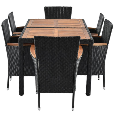 7-Piece Outdoor Patio Dining Set | PE Rattan Wicker Acacia Wood Tablet | Stackable Armrest Chairs with Cushions (Brown)