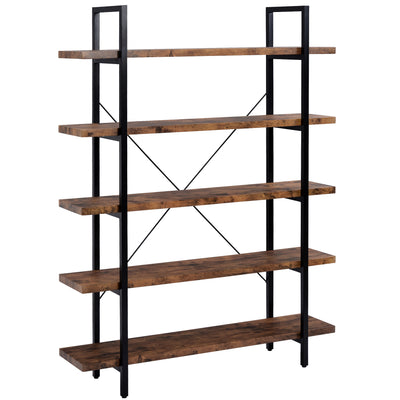 ON-TREND 5-tier Industrial Bookcase with Rustic Wood and Metal Frame, Large Open Bookshelf for Living Room (Distressed Brown）