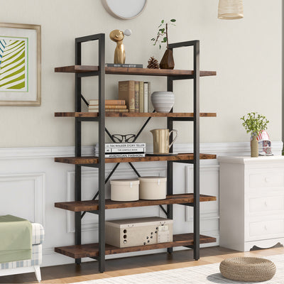 ON-TREND 5-tier Industrial Bookcase with Rustic Wood and Metal Frame, Large Open Bookshelf for Living Room (Distressed Brown）