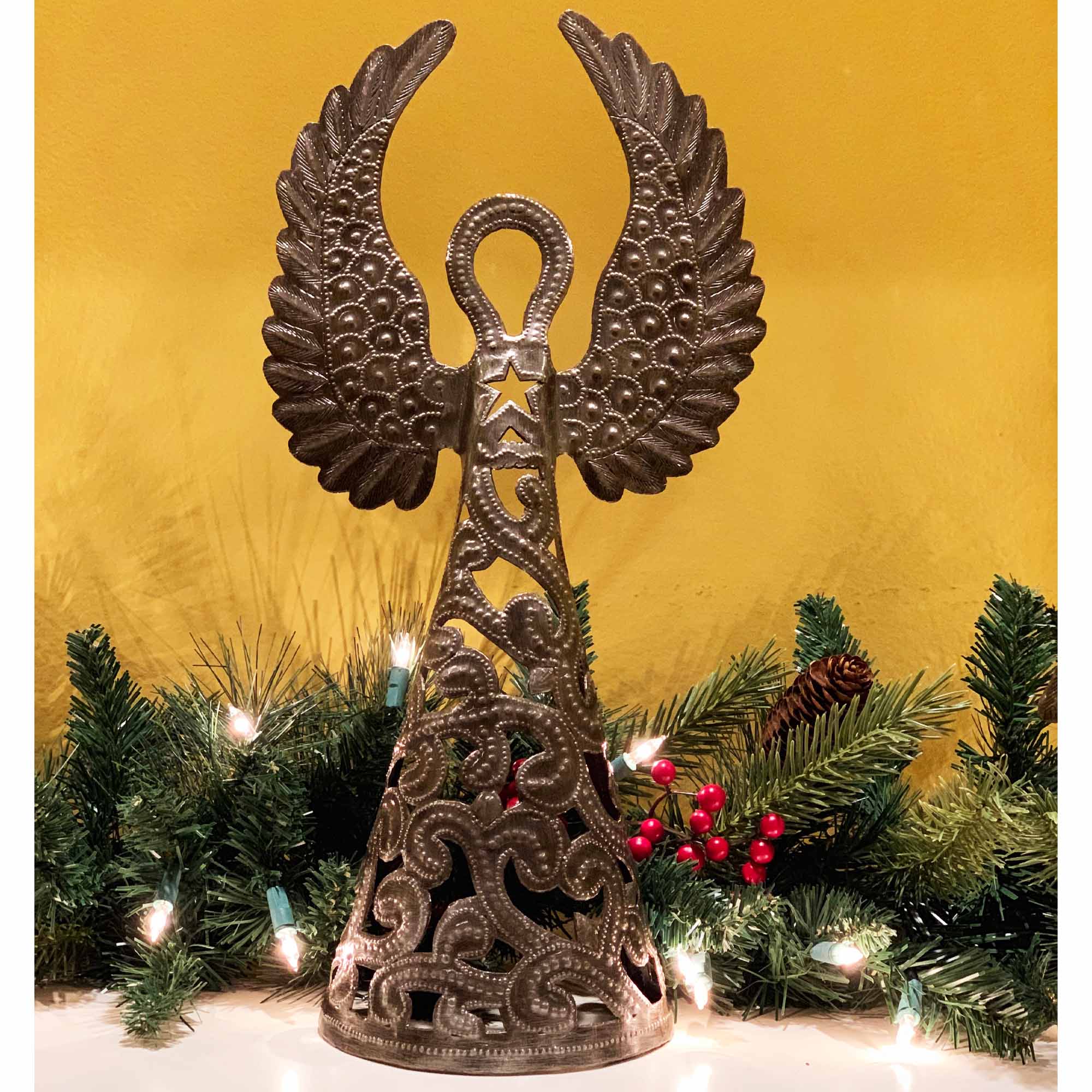 Standing Angel Wings Up Haitian Metal Drum Tabletop Décor, 16