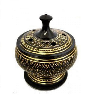 Black Carved Brass Burner with lid - Resin, smudge & cone 3.5" -Height by OMSutra