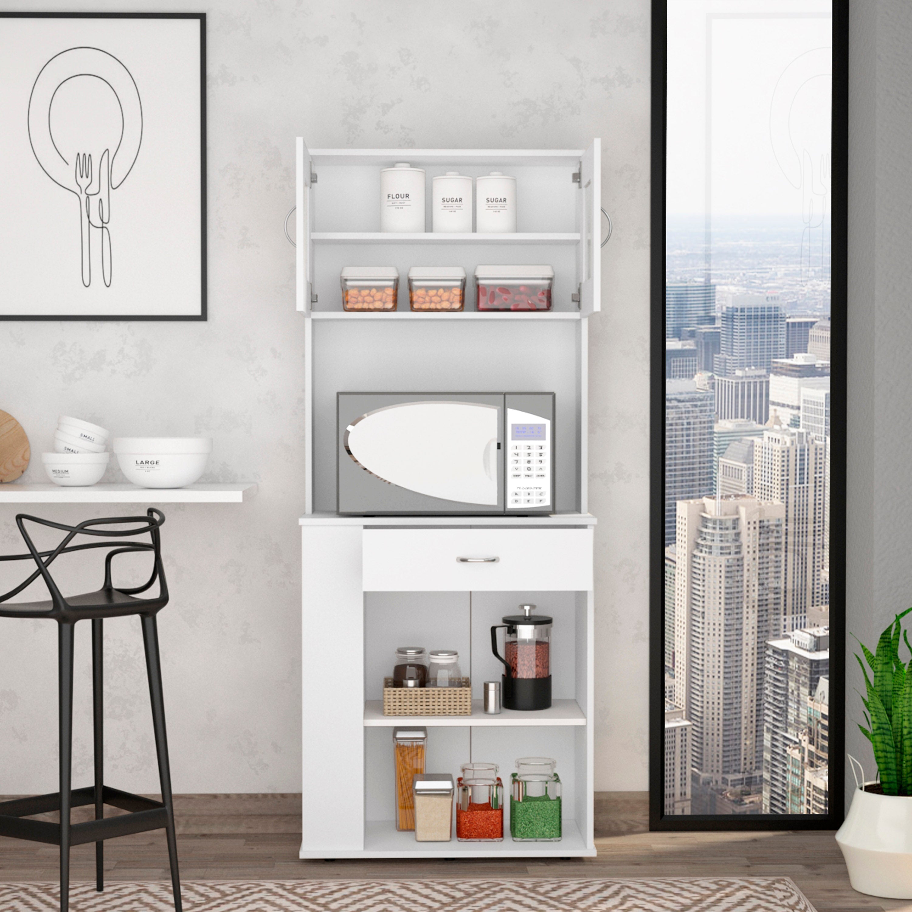 Poole Pantry Cabinet, Three Side Small  Shelves, One Drawer, Double Door Cabinet, Four Adjustable Metal Legs by FM FURNITURE