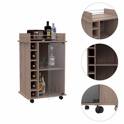Vegas Bar Cart, Two Tier Cabinet With Glass Door, Six Cubbies For Liquor by FM FURNITURE