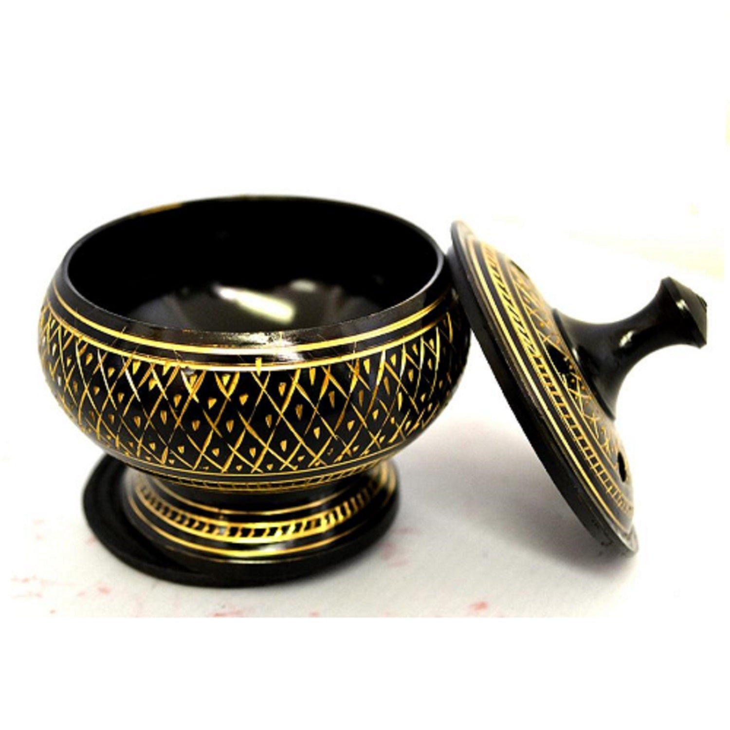 Black Carved Brass Burner with lid - Resin, smudge & cone 3.5" -Height by OMSutra