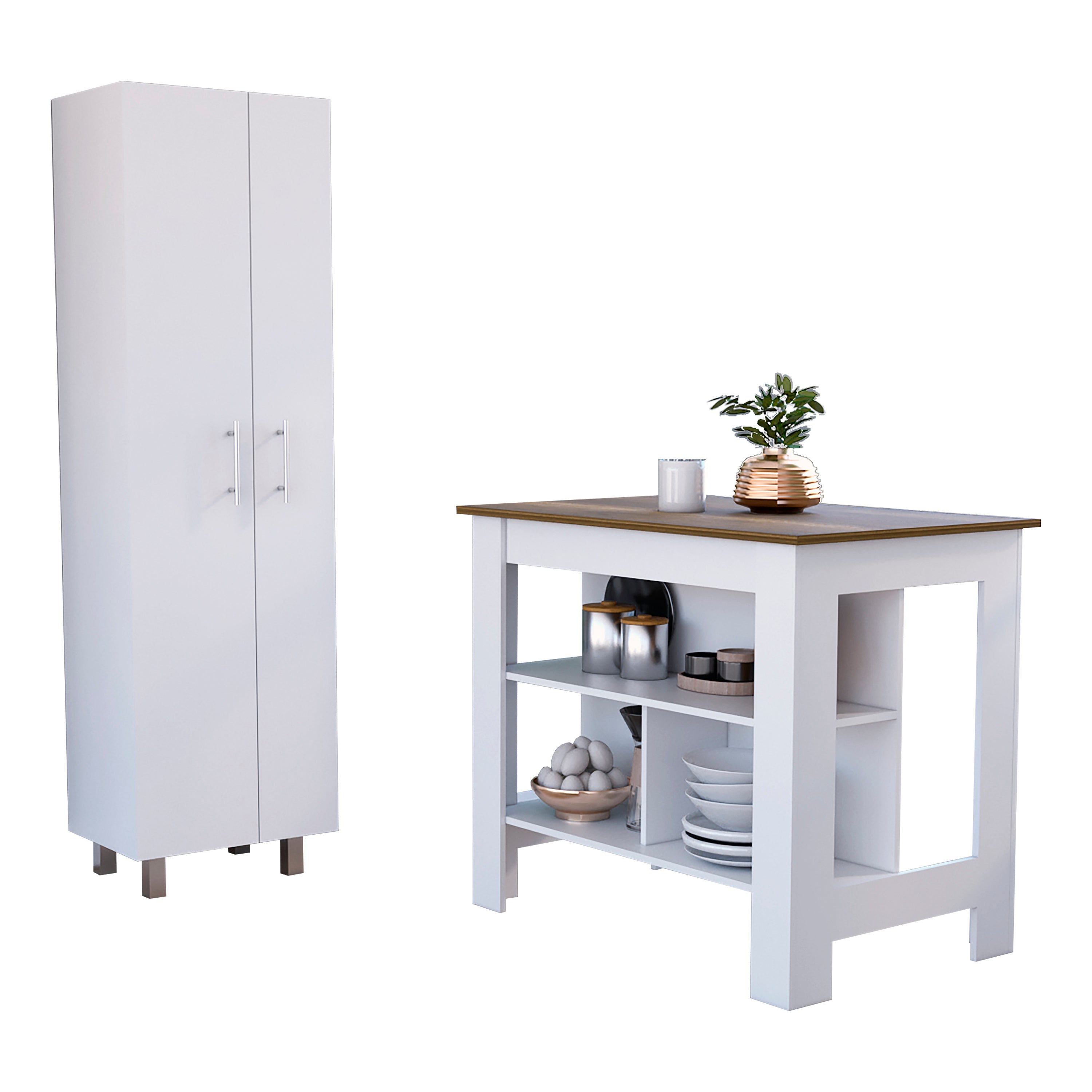 London 2 Piece Kitchen Set, Kitchen Island+Pantry, White/Walnut Finish by FM FURNITURE