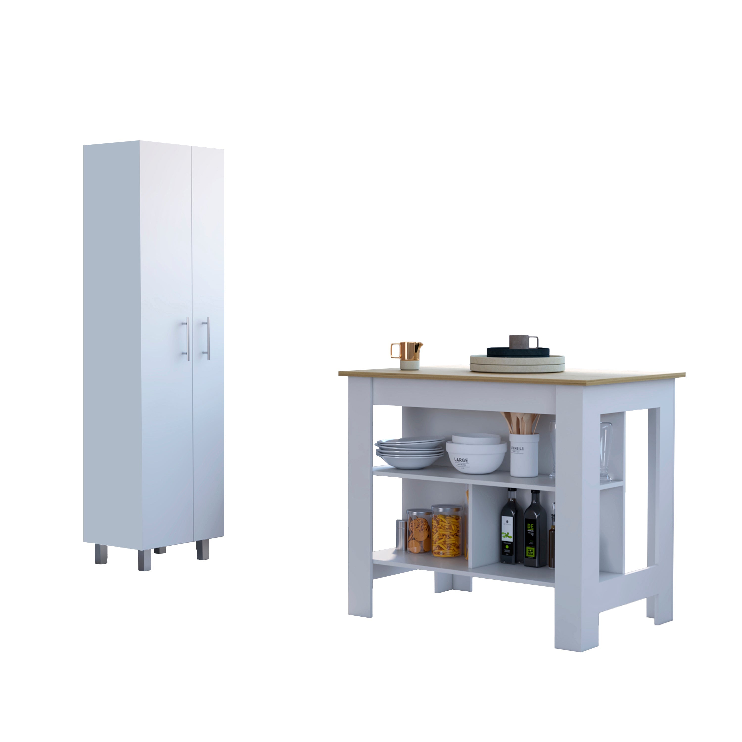 London 2 Piece Kitchen Set, Kitchen Island+Pantry, White/Light Oak Finish by FM FURNITURE