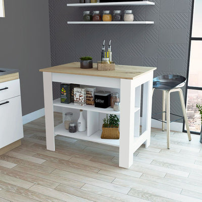 Brooklyn Kitchen Island, Three Concealed Shelves, Four Legs by FM FURNITURE
