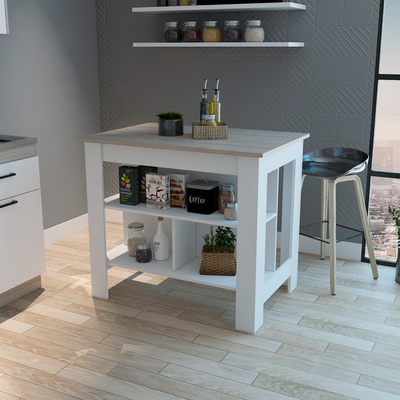 Brooklyn Antibacterial Surface Kitchen Island, Three Concealed Shelves