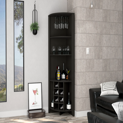 Bouvet Corner Bar Cabinet, Three Shelves, Eight Wine Cubbies, Two Side Shelves by FM FURNITURE