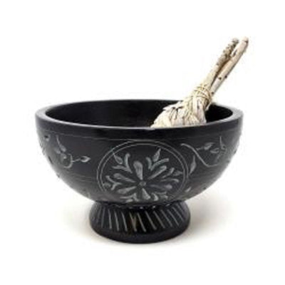 Floral hand carved Black Soap Stone Bowl 5" x 3" by OMSutra