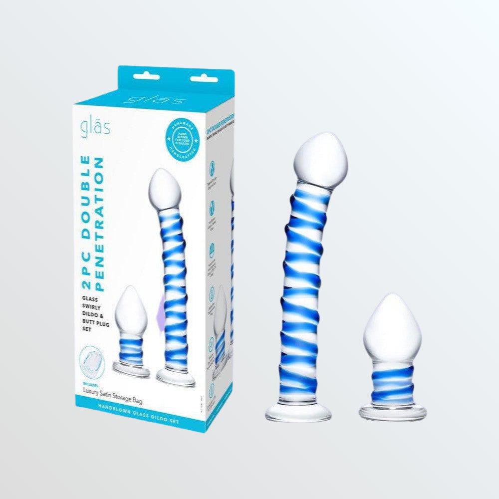 Gläs Double Penetration Swirly Glass Dildo and Butt Plug Set by Condomania