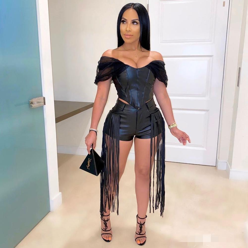 2 Pcs Faux Leather Off The Shoulder Crop Top Tassel Shorts Sets