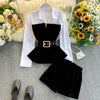 Long Sleeve Patchwork Velvet High Waist Shorts Two Piece Set