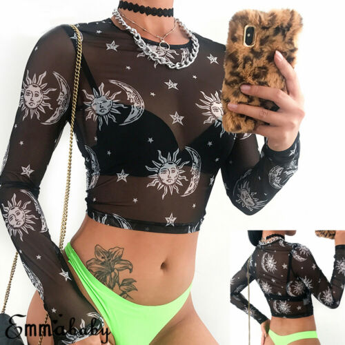 Black Mesh Long Sleeve Crop Top