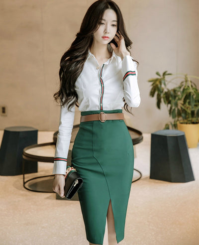 2 Piece Set -White Blouse and Green  Pencil Skirt