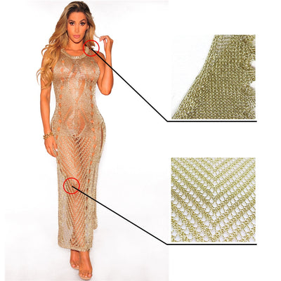 Sleeveless See Through Gold Metallic Distressed KnittedMaxi Dress