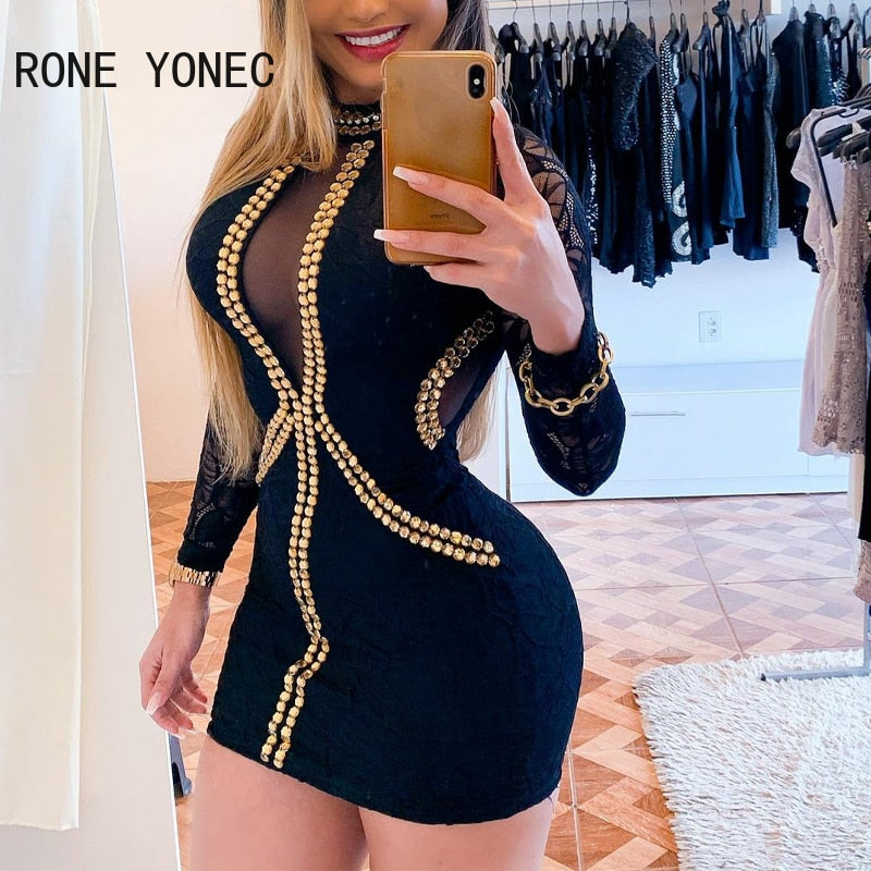 Patchwork Rhinestone Mesh Bodycon Mini Dress