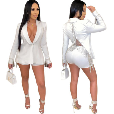 Tassel Deep V Neck Suit Jacket And Shorts Two Piece Outfit