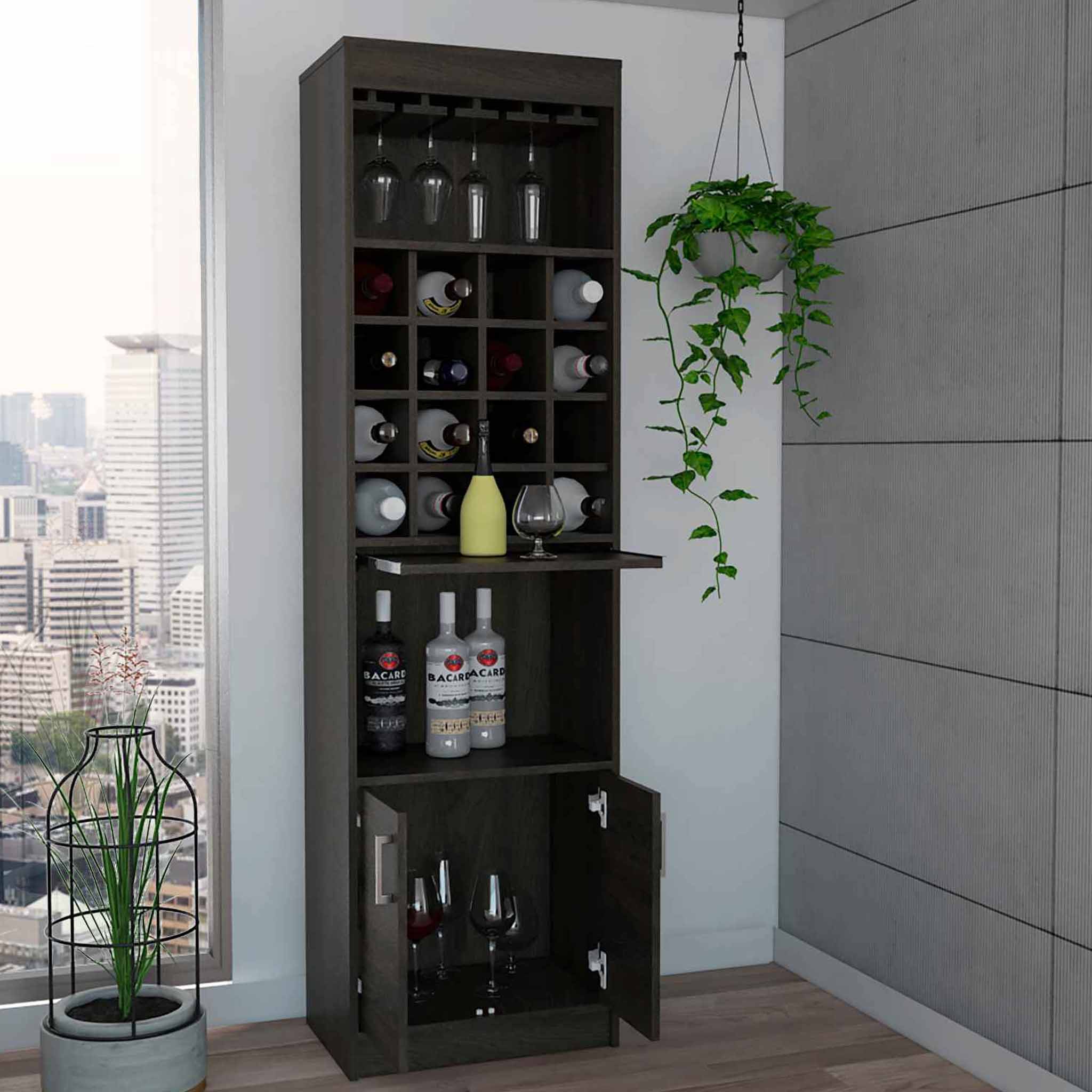 Illinois Bar Cabinet, Six Bottle Cubbies, One Cabinet, Eight Wine Glass Racks, One Open Shelf