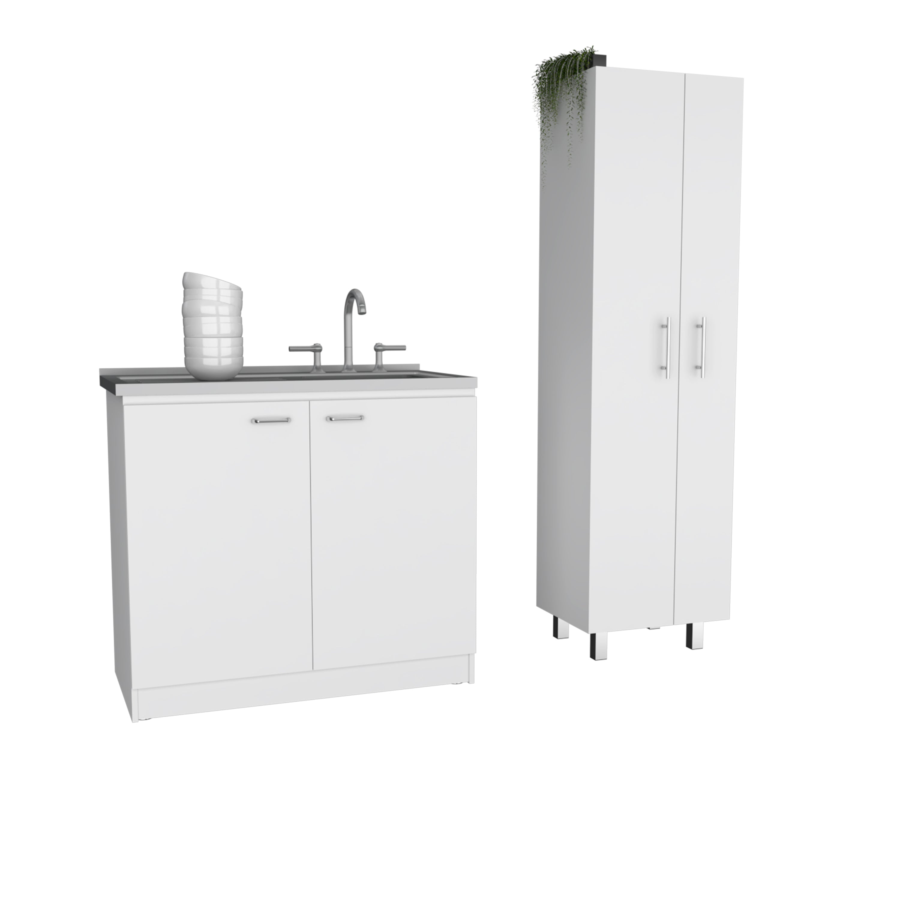 Safford 2 Piece Kitchen Set, Utility Sink Cabinet + Pantry Cabinet, White by FM FURNITURE