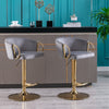 Set of 2 Bar Stools with Gold Footrest and Base Swivel Height Adjustable Mechanical Lift, Velvet