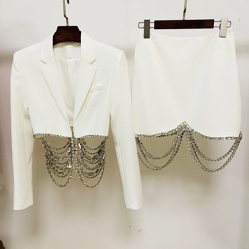 Strass Diamonds Beaded Chain Crop Blazer Mini Skirt Suit