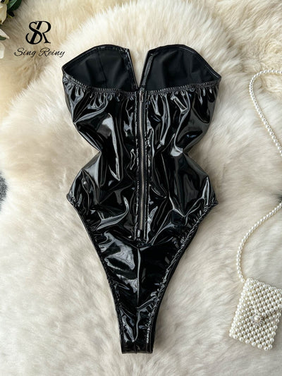 Sexy Black Faux Leather Corset Bodysuit