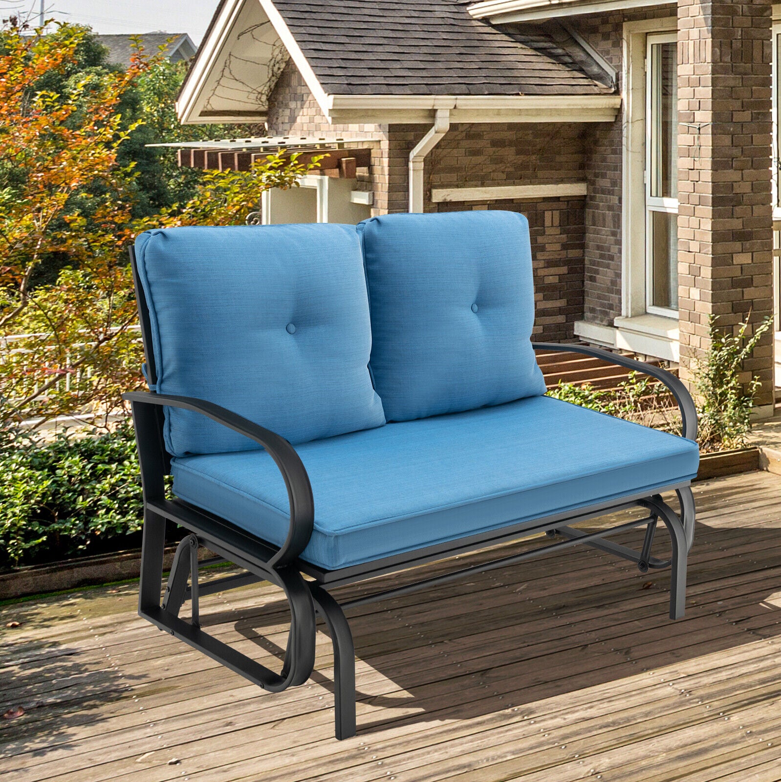 Patiojoy Patio 2-Person Glider Bench Rocking Loveseat Cushioned Armrest Blue