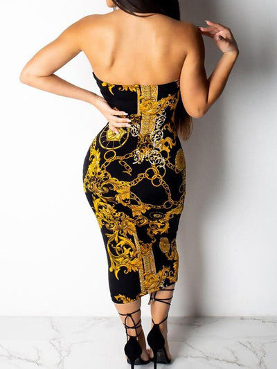 Gold Chain Print Backless Dress