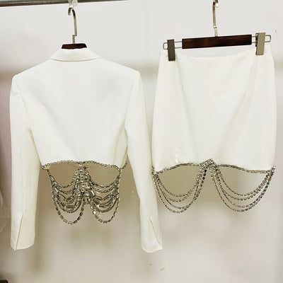 Strass Diamonds Beaded Chain Crop Blazer Mini Skirt Suit