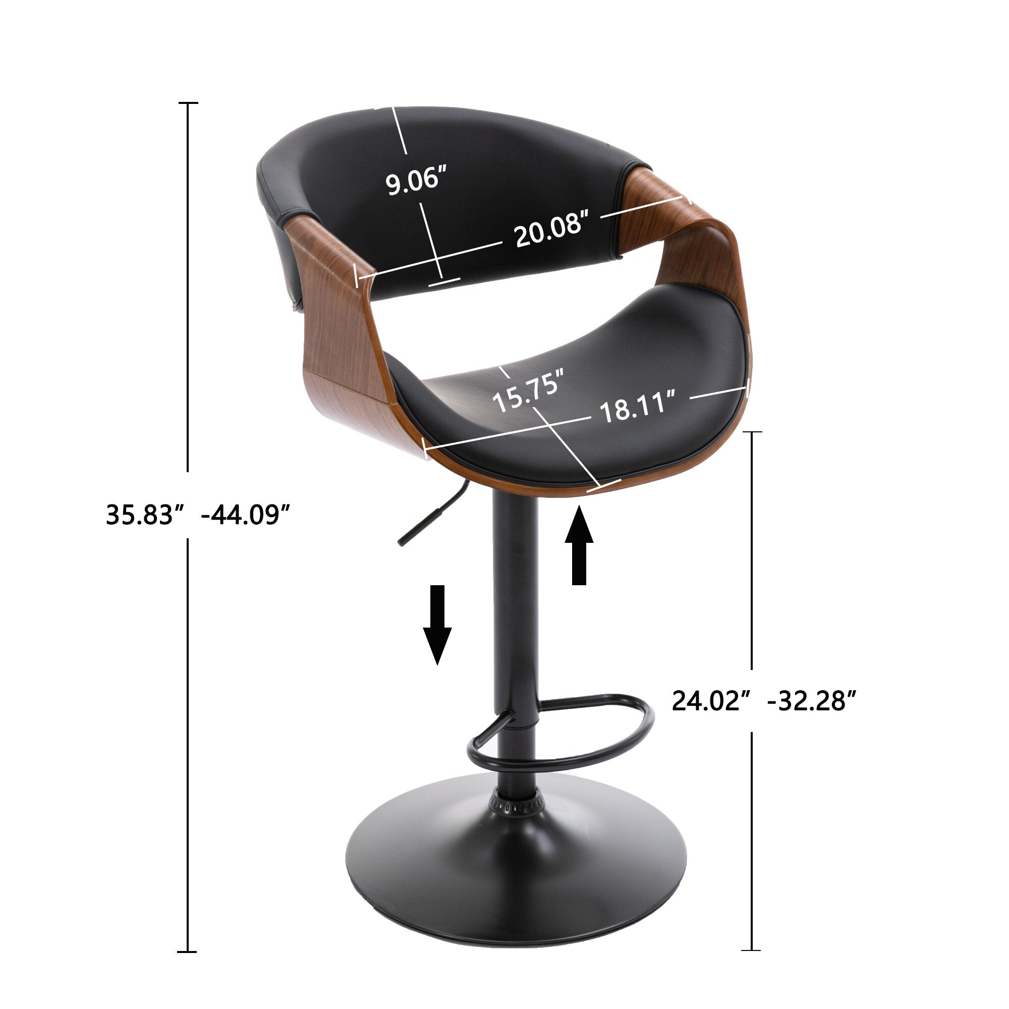 Adjustable/Swivel Bar Stool, PU Leather black Bent wood Bar Chair 1pcs/ctn.