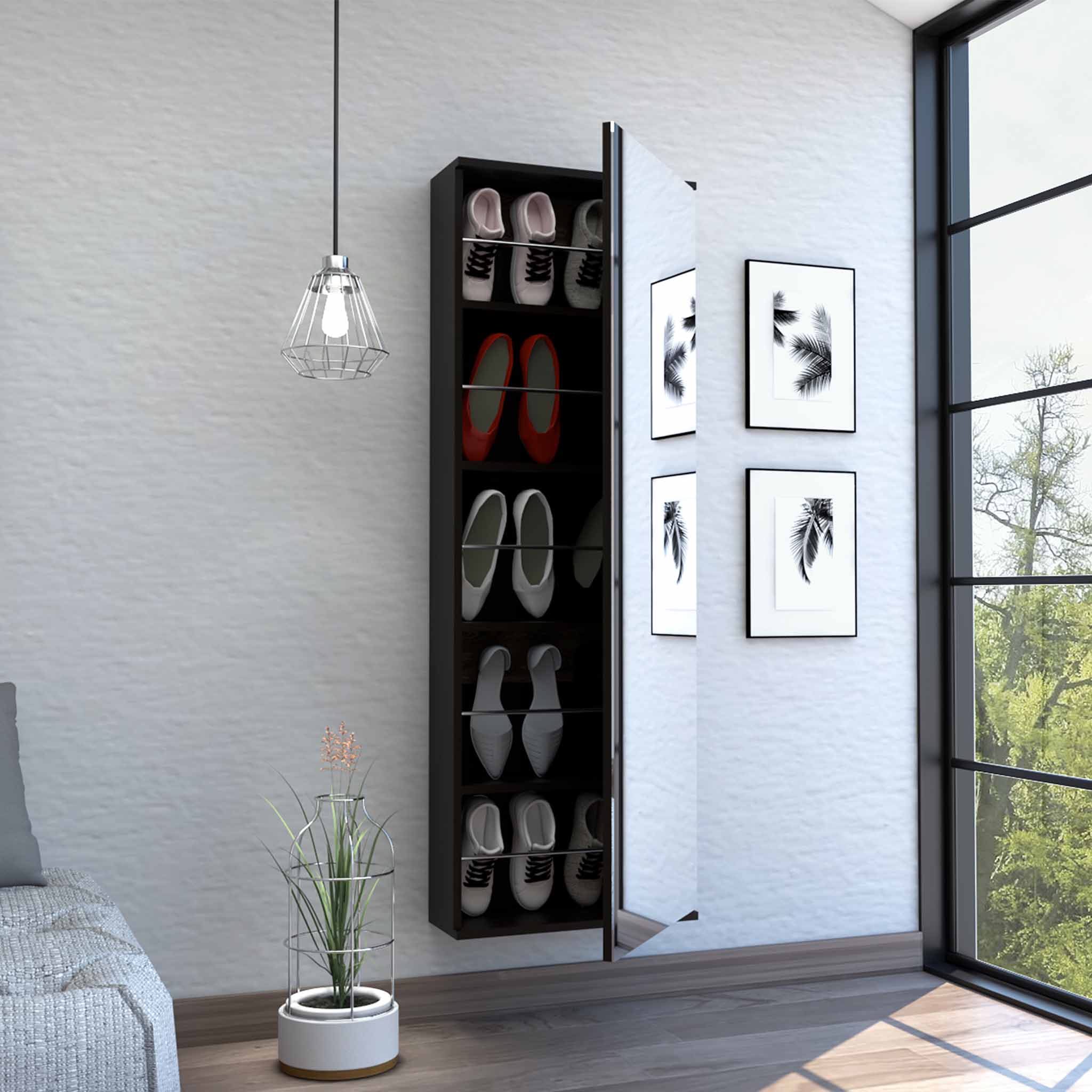 Connecticut Wall Mounted Shoe Rack, Mirror, Five Shelves, Ten Shoes Capacity