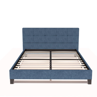 Upholstered Linen Queen Platform Bed, Metal Frame with Tufted Square Stitched Headboard